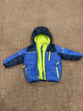 Snozu 18M Boys Blue Hooded Puffer Winter Jacket Coat Neon Green